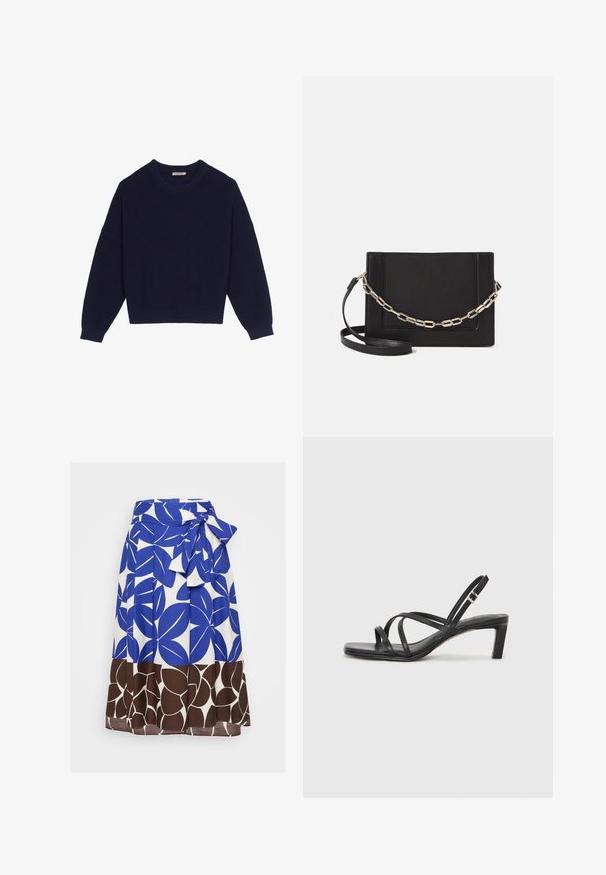Pulover tricotat de culoare bleumarin, cu textură ribbed, decolteu rotund, umeri lăsați și tiv scurt. Material moale cu mâneci lungi.; Fustă albastră și albă cu un model îndrăzneț de frunze, cu un talie legată și o margine inferioară florală maro. Fabricată dintr-un material ușor.; Sandal cu barete negre, cu vârf pătrat și toc mic de bloc. Prezintă mai multe barete subțiri și o bareta ajustabilă la gleznă. Fabricat din piele netedă.; Geantă de umăr din piele neagră, cu o textură netedă, formă rectangulară și un detaliu din lanț metalic în față. Include curea reglabilă.