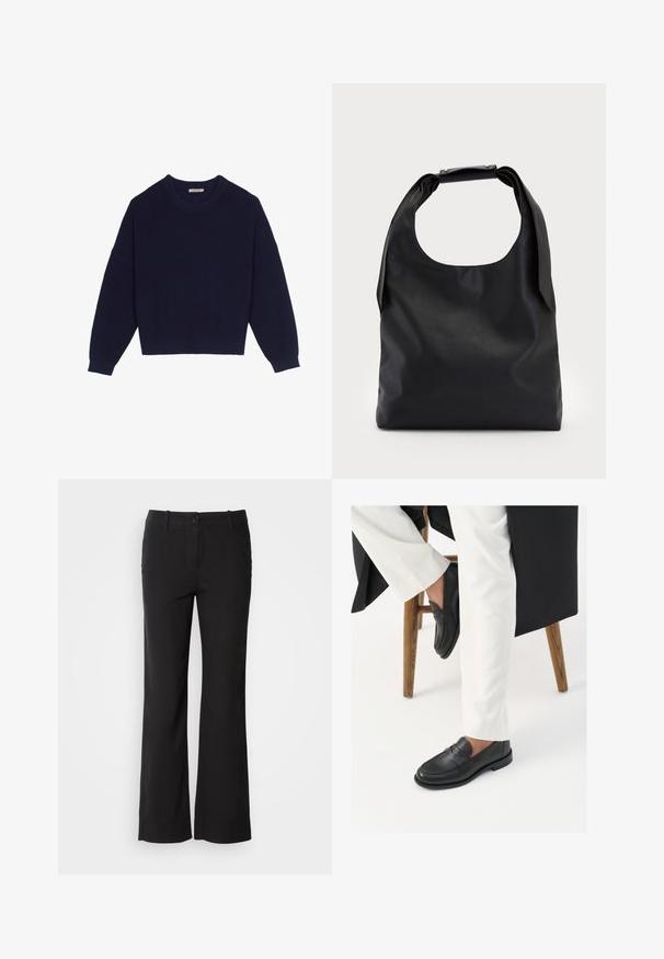 Sötétkék kötött pulóver bordázott textúrával, kerek nyakkal, ejtett vállakkal és rövidített aljjal. Puha anyagból készült, hosszú ujjakkal.; Fekete pamut keverék nadrág egyenes szárú dizájnnal, elülső gombos záródással és két oldalsó zsebbel. Simára kialakított textúra, nincs látható minta.; Fekete bőr loaferek sima felülettel és széles pánt részlettel, fehér, testre szabott nadrággal viselve. A sarok lapos kialakítású.; Fekete bőr hobo táska egyetlen, puha, lekerekített fogantyúval; sima textúrával és minimalista dizájnnal rendelkezik. Nincs látható hardver vagy díszítés.