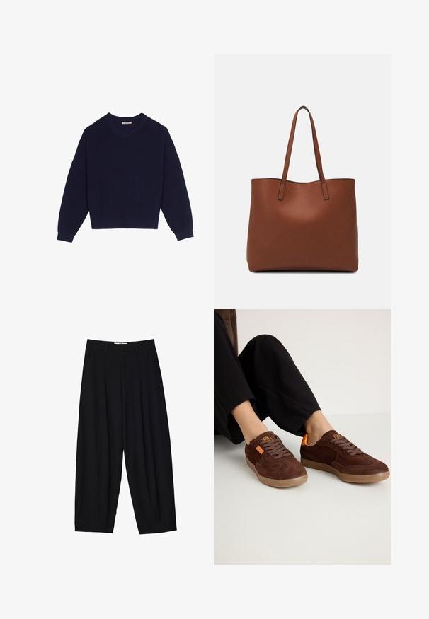 Mornaric azul pleteni pulover s rebrastom teksturom, okruglim izreziom, spuštenim ramenima i skraćenim rubom. Mekana tkanina s dugim rukavima.; Crne široke hlače od laganog materijala, s prednjim plitkim nabora, klasičnim pojasom i bočnim džepovima. Glatka tekstura.; Smeđe nubuk tenisice s okruglim vrhom, teksturiranom gornjom površinom i narančastim detaljima. Imaju ravne vezice i gumeni potplat.; Smeđa kožna torba preko ramena s glatkom teksturom, otvorenim vrhom i dvjema naramenicama. Ima minimalne šavove i nema vidljivog hardvera.