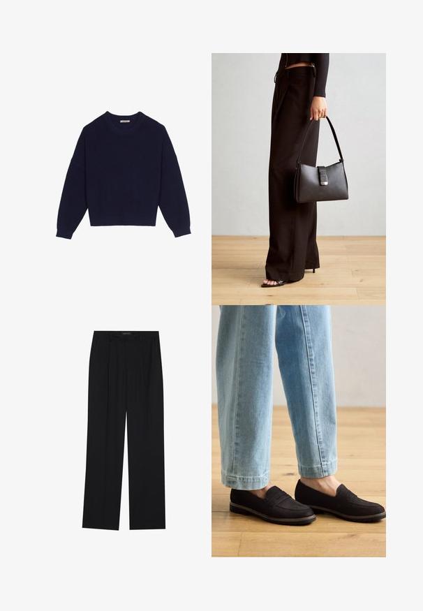 Tumesinine kudumispusa, millel on sooniktekstuur, ümmargune kaelus, langenud õlad ja lühikene hem. Pehme kangas, pikad varrukad.; Mustad püksid sirgjoonelise disainiga, millel on kaks esist taskut ja muudatus. Valmistatud siledast, kergekaalulisest kangast.; Mustad sametist materjalist loafers, millel on lame talla ja aktsenditikkimine, kantud helesiniste, veidi lühikeste teksadega puidust põrandal.; Must musta kott, millel on struktureeritud kuju, sile tekstuur ja metallist klamber. Kombineeritud laiate mustade pükstega ja avatud varvaste sandaalidega puidust põrandal.