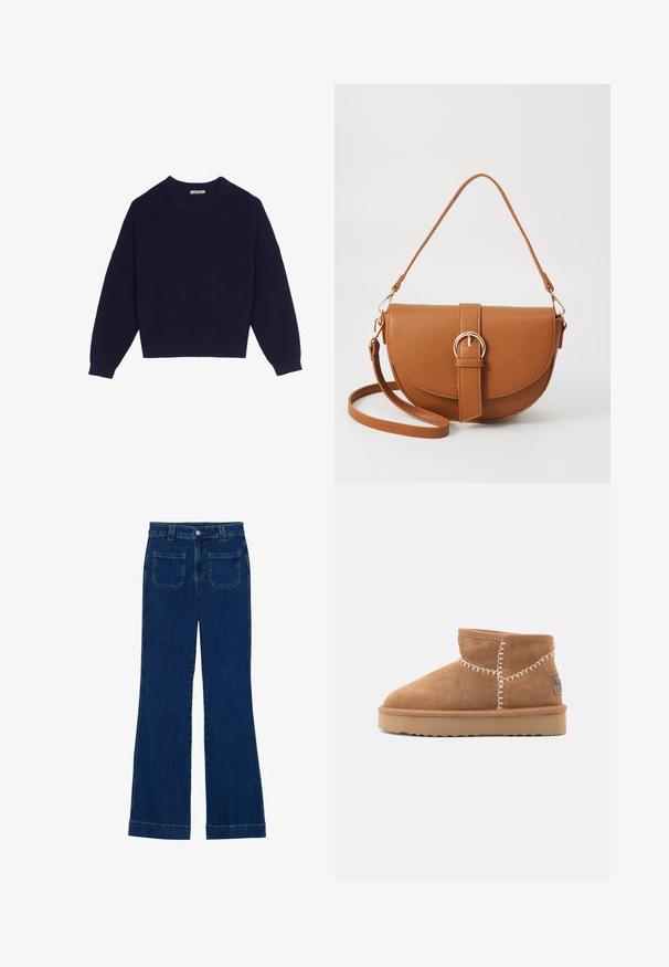 Sweater de malha azul-marinho com textura canelada, decote redondo, ombros caídos e bainha encurtada. Tecido macio com mangas longas.; Jeans flare em denim azul escuro com uma textura suave, design de cinco bolsos e fecho de botão na cintura.; Botas de tornozelo em camurça castanha com bico arredondado, costura decorativa branca e sola de borracha bege com um padrão de banda de rodagem em zigzag.; Bolsa transversal de couro castanho com um formato curvado, ferragens douradas e um detalhe de fivela. Inclui uma alça de ombro destacável.