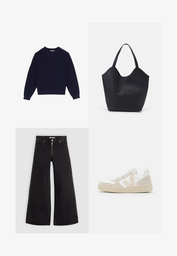 Pull en tricot bleu marine avec une texture côtelée, un col rond, des épaules tombantes et un ourlet court. Tissu doux avec des manches longues.; Jean large en denim noir avec une fermeture éclair à l'avant, un design à cinq poches et des détails de couture subtils. Texture lisse et style décontracté.; Baskets blanches et beiges avec un dessus en tissu texturé, des accents en daim et une épaisse semelle en caoutchouc ; avec un logo V bien en vue sur le côté.; Sac fourre-tout noir en cuir lisse, doté d'un haut ouvert et courbé avec deux brides d'épaule et un design minimaliste.