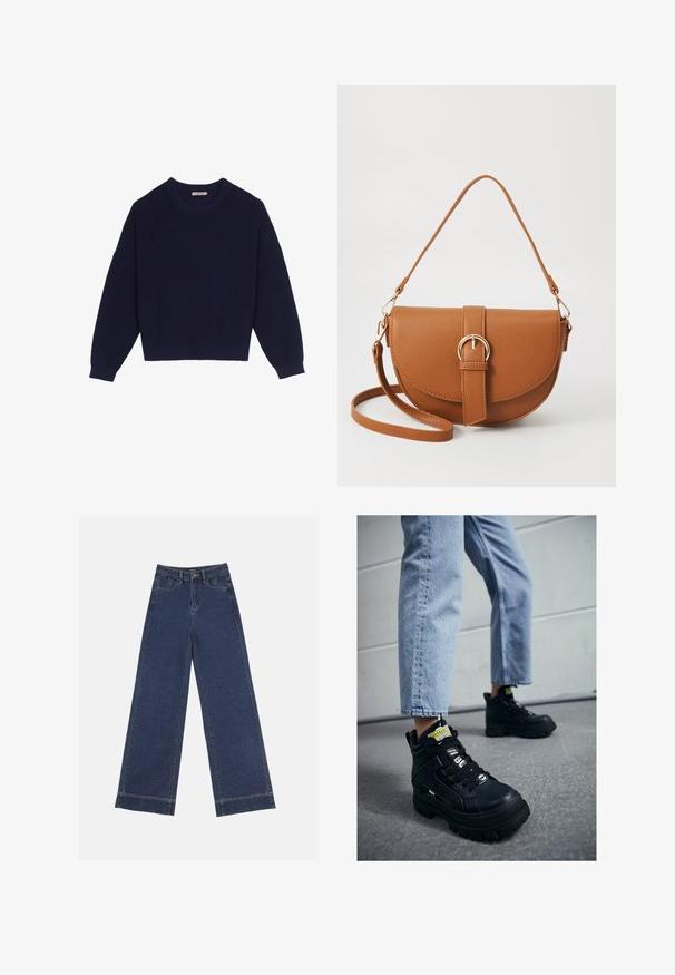 Navyblauwe gebreide trui met een ribbelstructuur, ronde hals, ingezette schouders en een cropped zoom. Zachte stof met lange mouwen.; Wide-leg jeans in donkerblauwe denim. Voorzien van vijf zakken, riemlussen en een rauwe zoom onderaan met zichtbare stikseldetails.; Zwarte hoge sneakers met een chunky zool, voorzien van vetersluiting, logo-accenten en gele labels. Gdragend met lichtblauwe cropped jeans.; Bruine leren schoudertas met een gebogen vorm, gouden hardware en een gespaccent. Bevat een afneembare schouderriem.