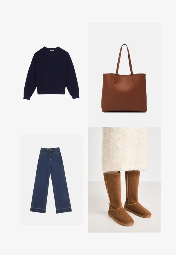 Navy blue knit sweater with a ribbed texture, round neckline, dropped shoulders, and a cropped hem. Soft fabric with long sleeves.; Wide-leg jeans in dark blue denim. Features five pockets, belt loops, and a raw hem at the bottom with visible stitching details.; Knee-high brown suede boots with a smooth texture, featuring side stitching and a rubber sole for traction.; Brown leather tote bag with a smooth texture, open top design, and two shoulder straps. Features minimal stitching and no visible hardware.