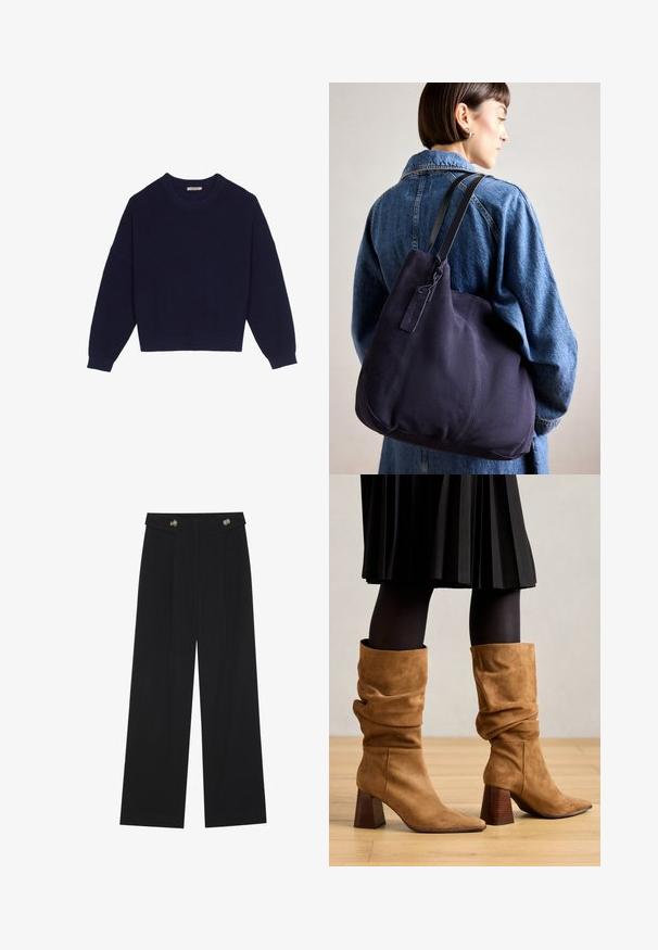Suéter de punto azul marino con textura acanalada, escote redondo, hombros caídos y dobladillo corto. Tejido suave con mangas largas.; Pantalones de pierna ancha negros con cintura alta, detalles de botones en la cinturilla y pliegues en la parte delantera.; Botines de ante marrón, holgados y hasta el tobillo, con puntas afiladas y tacones de madera apilada. Combinados con medias negras y una falda negra plisada.; Bolso de hombro de lienzo azul marino con una forma suave y estructurada, que presenta una correa negra, detalles de costura y una pequeña etiqueta de marca.