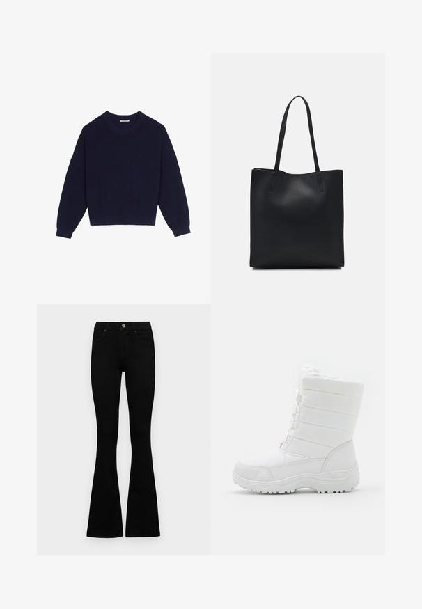 Maglione a maglia blu navy con texture a costine, scollatura rotonda, spalle cadenti e orlo corto. Tessuto morbido con maniche lunghe.; Jeans neri a vita alta con chiusura a bottoni e zip, tasche frontali e gambali svasati, distesi su uno sfondo bianco.; Stivali invernali bianchi e impermeabili con parte superiore imbottita, design testurizzato, lacci regolabili e suola in gomma robusta per una migliore aderenza.; Borsa tote in pelle nera con texture liscia, forma rettangolare e due manici lunghi. Nessun hardware o decorazione visibile.