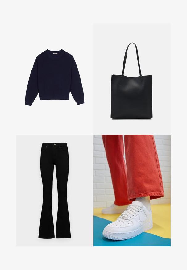 Pulover tricotat de culoare bleumarin, cu textură ribbed, decolteu rotund, umeri lăsați și tiv scurt. Material moale cu mâneci lungi.; Jeans negri cu talie înaltă, cu închidere prin nasture și fermoar, buzunare frontale și picioare evazate, așezați pe un fundal alb.; Tenis alb din piele cu fanta pe vârful piciorului, talpă texturată și șireturi albe, purtat cu pantaloni larga roșii și un fundal albastru și galben.; Geantă tote neagră din piele, cu textură netedă, formă rectangulară și două mânere lungi. Fără hardware vizibil sau ornamente.