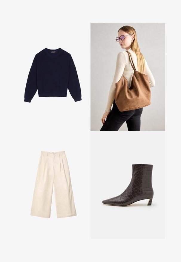 Pull en tricot bleu marine avec une texture côtelée, un col rond, des épaules tombantes et un ourlet court. Tissu doux avec des manches longues.; Pantalons larges beiges en tissu doux avec une taille haute, présentant des plis et une fermeture à bouton à l'avant. Texture lisse et design sur mesure.; MICHAEL Michael Kors COSMO KITTEN BOOTIE - Bottines - chocolate; Sac fourre-tout en daim marron avec une texture douce, grande ouverture et longues sangles. Présente un design simple avec des coutures visibles et sans matériel.