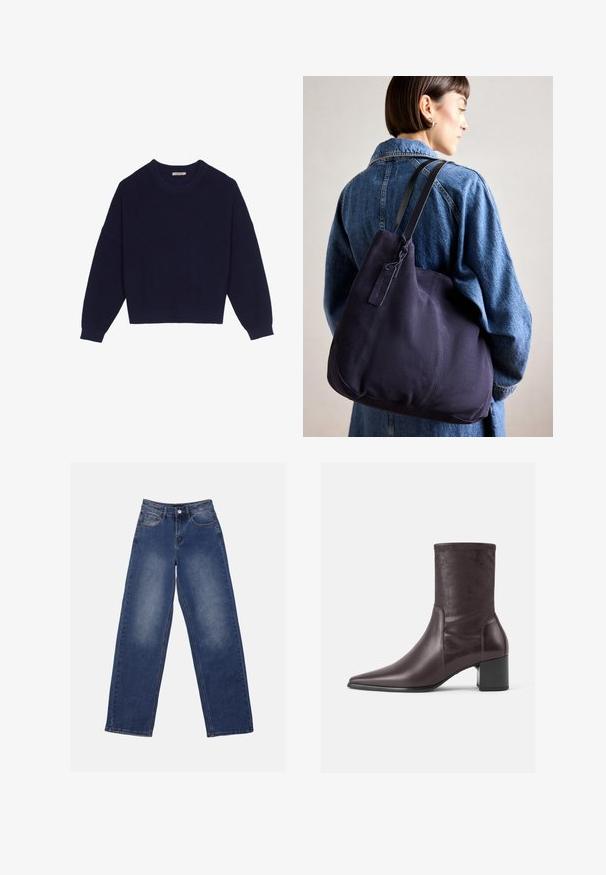 Navyblauwe gebreide trui met een ribbelstructuur, ronde hals, ingezette schouders en een cropped zoom. Zachte stof met lange mouwen.; Anna Field Wide leg - blue wash; Bordeaux enkellaarsjes van glad leer met een spitse neus en een blokhak. De schacht is slank en aansluitend, reikt tot halverwege de kuit.; Marine canvas schoudertas met een zachte, gestructureerde vorm, voorzien van een zwarte strap, gestikte details en een klein merketiket.