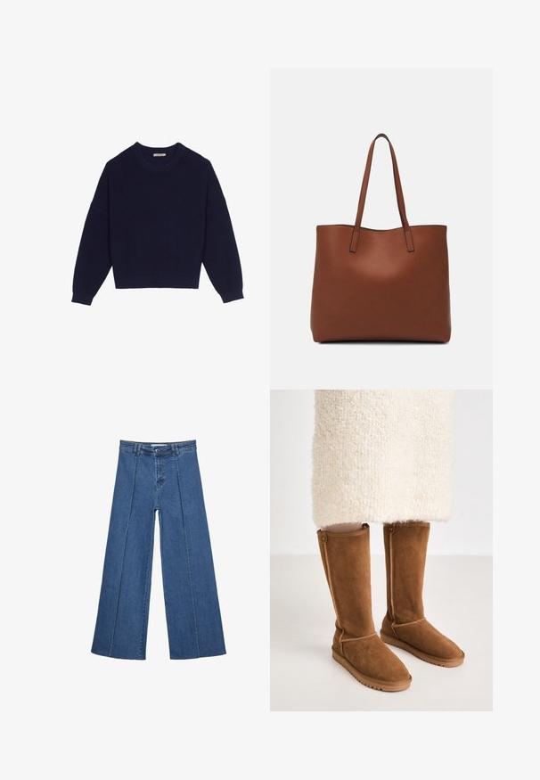 Mornaric azul pleteni pulover s rebrastom teksturom, okruglim izreziom, spuštenim ramenima i skraćenim rubom. Mekana tkanina s dugim rukavima.; Široke traperice u srednje plavoj boji, s visokim strukom, zatvaranjem na dugme i kontrastnim vertikalnim šavovima duž prednje strane.; Kratke smeđe čizme od ante s glatkom teksturom, s bočnim šavovima i gumiranim potplatom za prianjanje.; Smeđa kožna torba preko ramena s glatkom teksturom, otvorenim vrhom i dvjema naramenicama. Ima minimalne šavove i nema vidljivog hardvera.