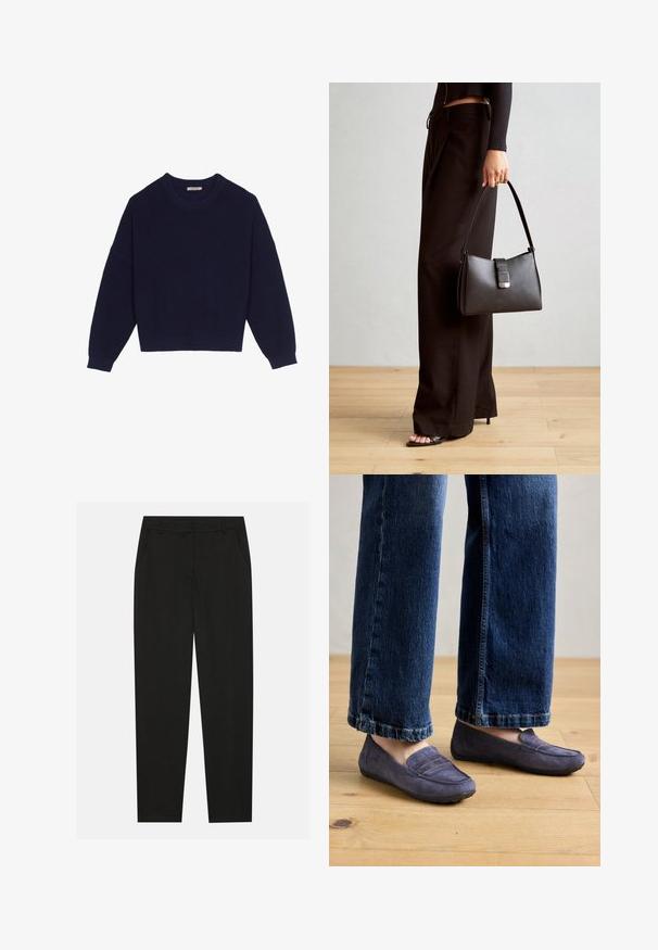 Marineblauer Strickpullover mit geribbelter Textur, Rundhalsausschnitt, überschnittenen Schultern und cropped Saum. Weicher Stoff mit langen Ärmeln.; Schwarze Hosen mit taillierter Passform, ausgestattet mit seitlichen Taschen und geradem Bein. Hergestellt aus glattem, leichtem Stoff mit einem eleganten Finish.; Lila Wildleder-Lokschuhe mit gestepptem Nahtdetails und einer flachen Gummisohle, getragen mit weit geschnittenen blauen Jeans, die einen lässigen Stil auf einem Holzfußboden zeigen.; Schwarze Handtasche mit strukturierter Form, glatter Textur und einem metallischen Verschluss. Kombiniert mit weiten schwarzen Hosen und offenen Sandalen auf einem Holzboden.