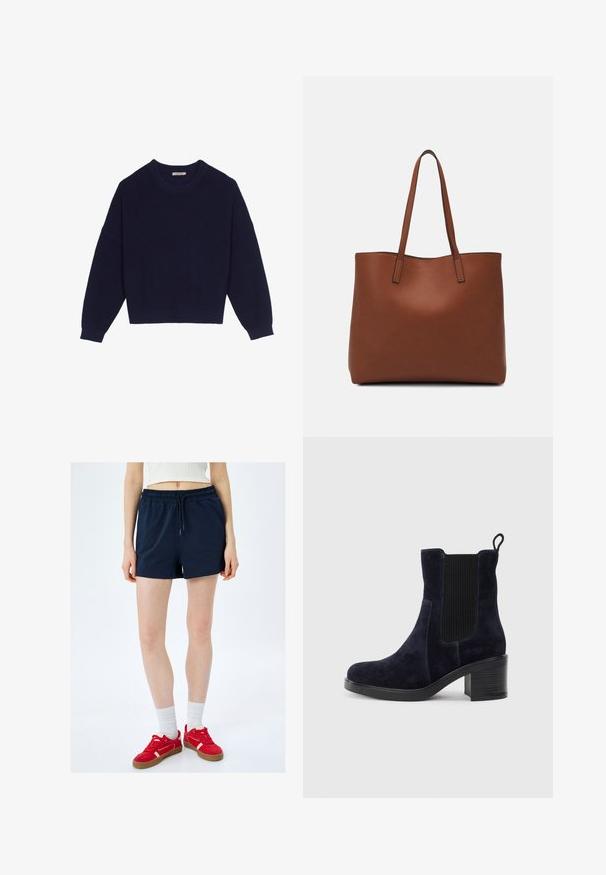 Tummansininen neulepaita, jossa on ribbikuvio, pyöreä kaula-aukko, pudotetut hartiat ja lyhennetty helma. Pehmeä kangas ja pitkät hihat.; Tummansiniset shortsit, joissa on joustava vyötärö ja nyöri; valmistettu pehmeästä kankaasta, jossa on sileä rakenne, ja joissa on sivusaumat sekä rento istuvuus.; Tummansininen mokkanahkasaapas nilkkapituisena, jossa on joustava sivupaneeli, pyöreä kärki ja lohkaremmäinen korko. Teksturoidun kankaan ja sileän pohjan kontrasti tuo lisää ilmettä.; Ruskea nahkainen olkalaukku, jossa on sileä pinta, avoin yläosa ja kaksi olkahihnaa. Omaavat vain minimaalisen ompelun eikä näkyvää metalliosaa.