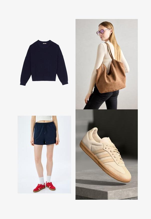 Marineblå strikket sweater med ribbestruktur, rund halsudskæring, nedsatte skuldre og cropped kant. Blødt materiale med lange ærmer.; Mørkeblå shorts med elastisk talje og snor; lavet af blødt stof med en glat tekstur, har sidesømmer og en afslappet pasform.; Lys beige ruskinds sneakers med gummisål, tre diagonale striber og en tekstureret tætsko. Har logo på tungen og siden.; Brun ruskind tote taske med blød tekstur, stor åbning og lange stropper. Har et enkelt design med synlige syninger og ingen hardware.