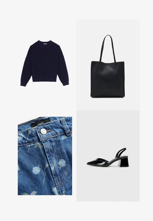 Tumši zili adīti džemperi ar ribotu tekstūru, apaļu kakla izgriezumu, nokareniem pleciem un saīsinātu apakšmalu. Mīksta auduma, ar garām piedurknēm.; Gaiši zilā denima audums ar ziedu rakstu. Iekļauj sudraba pogu aizdari un brūnu diegu šuvēs. Redzama zīmola etiķete.; Melna lakota āda ar atvērto papēdi, ar smailu purngalu un ģeometrisku blokpapēdi. Iezīmējas elegants, minimāls dizains un gluda tekstūra.; Melnas ādas somiņa ar gludu tekstūru, taisnstūra formu un divām garām rokturiem. Nav redzamu aparatūras vai rotājumu.