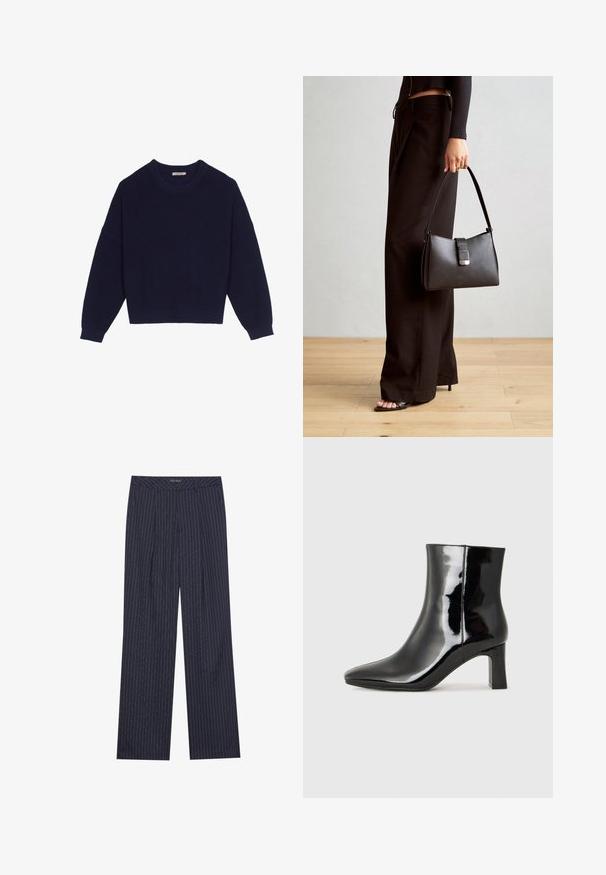 Σκούρο μπλε πλεκτό πουλόβερ με ραβδωτή υφή, στρογγυλή λαιμόκοψη, ρίγες στους ώμους και κοντό στρίφωμα. Μαλακό ύφασμα με μακριά μανίκια.; Ναυτικό μπλε, παντελόνια φαρδιάς γραμμής με κατακόρυφες λευκές ρίγες, διαθέτοντας ραμμένο μέσο και πλαϊνές πτυχές για μία δομημένη εφαρμογή.; Μαύρη πατενταρισμένη δερμάτινη μπότες αστραγάλου με μυτερή μύτη και μεσαίο τετράγωνο τακούνι. Λείος υφή και μινιμαλιστικός σχεδιασμός.; Μαύρη τσάντα χειρός με δομημένο σχήμα, λεία υφή και μεταλλικό κούμπωμα. Συνδυασμένη με φαρδιά μαύρα παντελόνια και σανδάλια ανοιχτής μύτης πάνω σε ξύλινο πάτωμα.