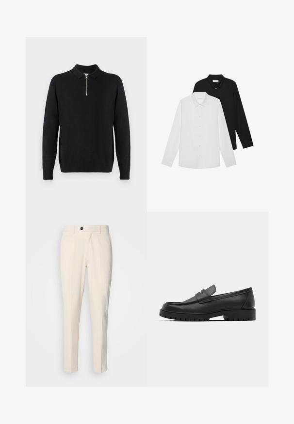 Svart genser med glidelås i kragen, lange ermer, ribbestrikkede mansjetter og kant, laget av et mykt, glatt stoff.; Hvite og svarte langermede skjorter med spisse krager, frontknapper og en glatt tekstur. Merker synlige på innsiden av halsen.; Beige skreddersydde bukser med flat front, enkel knappelukking og to skrå sidelommer. Glatt stoff med slim fit og smalere ben.; Sorte lærloafere med rund tå, med en syddesign, lav plattformsåle og en teksturert, ruggede gummisåle.