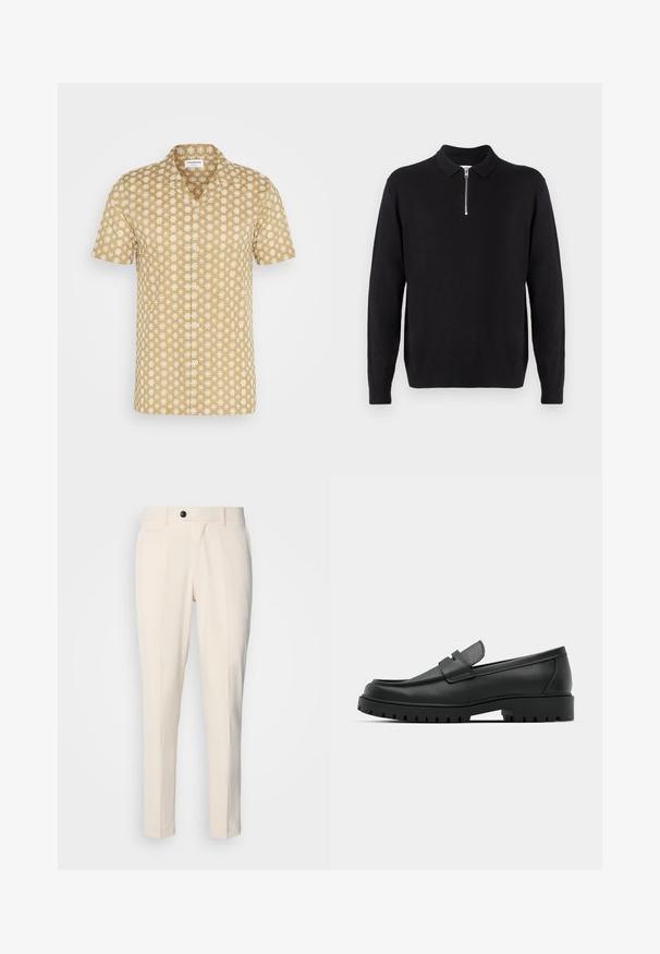 Sort sweater med lynlås krave, lange ærmer, ribstrikkede manchetter og kant, lavet af et blødt, glat stof.; Kortærmet skjorte i beige med et blomsterprint i hvid. Lavet af letvægtsstof, med klassisk krave og knaplukning foran.; Beige skræddersyede bukser med flad front, enkelt knaplukning og to skrå sidelommer. Glat stof med en slim fit og tætsiddende ben.; Sorte læder loafers med rund tå, der har et syet design, lav platformssål og en struktureret, skridsikker gummisål.