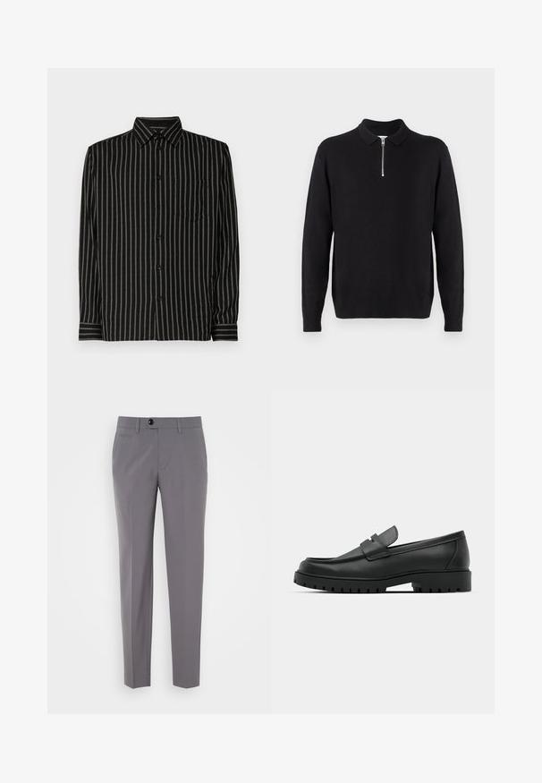 Schwarzer Pullover mit einem Reißverschlusskragen, langen Ärmeln, gerippten Bündchen und Saum, aus einem weichen, glatten Stoff hergestellt.; Schwarzes Hemd mit vertikalen weißen Streifen, mit Kragen, langen Ärmeln, Brusttasche und Knopfverschluss. Der Stoff wirkt glatt und leicht.; Graue maßgeschneiderte Hose mit glatter Textur, geradem Bein Design, einfacher Knopfverschluss und vorderen Taschen. Keine sichtbaren Muster oder Akzente.; Schwarze Lederloafer mit runder Zehenform, ausgestattet mit einem gesteppten Design, niedrigem Plattformsohle und einer strukturierten, genoppten Gummisohle.