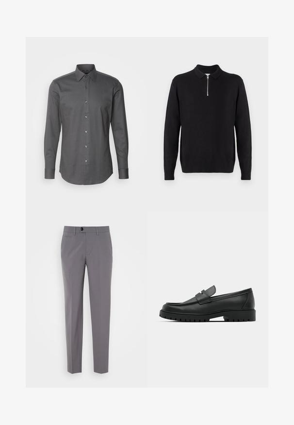 Zwarte pullover trui met een ritskraag, lange mouwen, ribgebreide manchetten en zoom, gemaakt van een zachte, gladde stof.; Heren overhemd met lange mouwen in donkergrijs, gemaakt van een textuurstof, met een knoopsluiting aan de voorkant en een klassieke kraag. Glad afwerking, moderne pasvorm.; Grijze op maat gemaakte broeken met een gladde textuur, rechte pijpen, sluiting met één knop en voorzakken. Geen zichtbare patronen of accenten.; Zwarte leren instappers met een ronde neus, voorzien van een gestikt ontwerp, een lage platformzool en een gestructureerde, grof rubberen buitenzool.