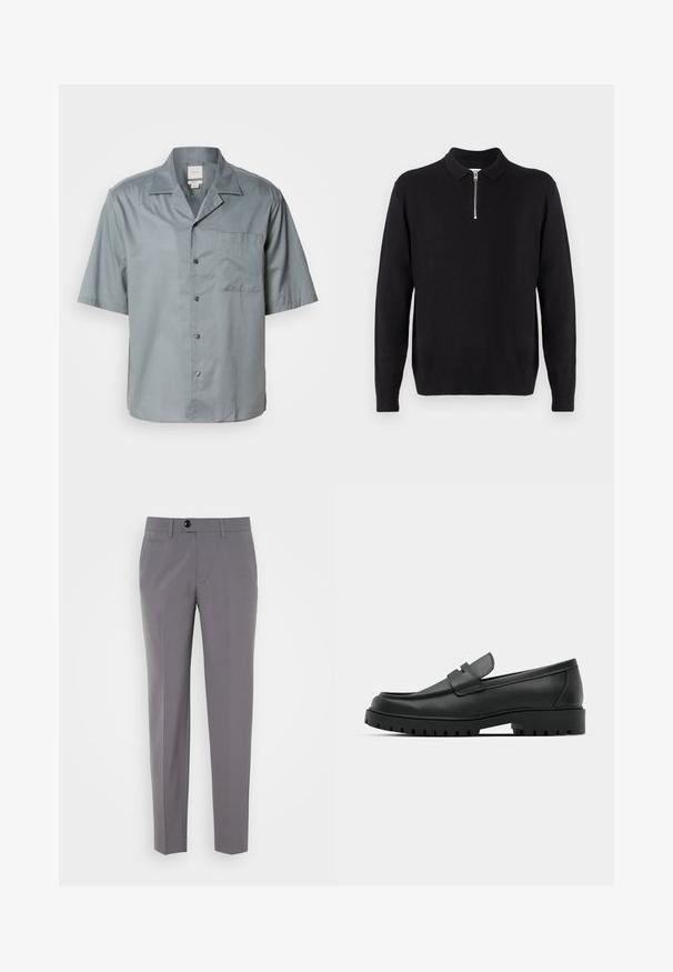 Svart genser med glidelås i kragen, lange ermer, ribbestrikkede mansjetter og kant, laget av et mykt, glatt stoff.; Kortermet skjorte med knappestolpe i lys grått stoff med glatt tekstur, med brystlomme og klassisk kragedesign.; Grå skreddersydde bukser med en glatt tekstur, rett ben-design, enkelt knappelukking og frontlommer. Ingen synlige mønstre eller detaljer.; Sorte lærloafere med rund tå, med en syddesign, lav plattformsåle og en teksturert, ruggede gummisåle.
