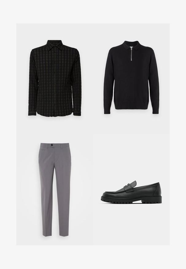 Schwarzer Pullover mit einem Reißverschlusskragen, langen Ärmeln, gerippten Bündchen und Saum, aus einem weichen, glatten Stoff hergestellt.; Schwarzes Langarmshirt mit einem strukturierten Karomuster in dunklen Tönen, mit einer knöpfbaren Vorderseite, Kragen und Manschetten mit passenden Streifen.; Graue maßgeschneiderte Hose mit glatter Textur, geradem Bein Design, einfacher Knopfverschluss und vorderen Taschen. Keine sichtbaren Muster oder Akzente.; Schwarze Lederloafer mit runder Zehenform, ausgestattet mit einem gesteppten Design, niedrigem Plattformsohle und einer strukturierten, genoppten Gummisohle.