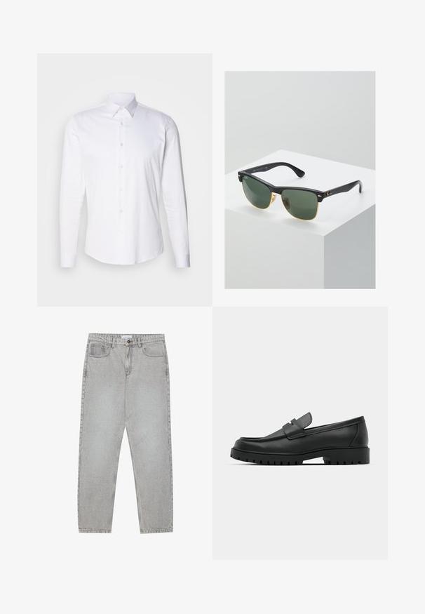 Svart genser med glidelås i kragen, lange ermer, ribbestrikkede mansjetter og kant, laget av et mykt, glatt stoff.; Hvit langermet skjorte med knapper og krage, slim fit, mykt stoff og rett kant. Har subtil tekstur og klare knapper.; Lys grå denimbukser med rett ben-design, fem lommer og knappelukking. Synlig søm langs sømmene.; Sorte lærloafere med rund tå, med en syddesign, lav plattformsåle og en teksturert, ruggede gummisåle.; Ray-Ban solbriller med grønne linser, svarte plastikkrammer og gullkanter. Firkantet form med matt finish.