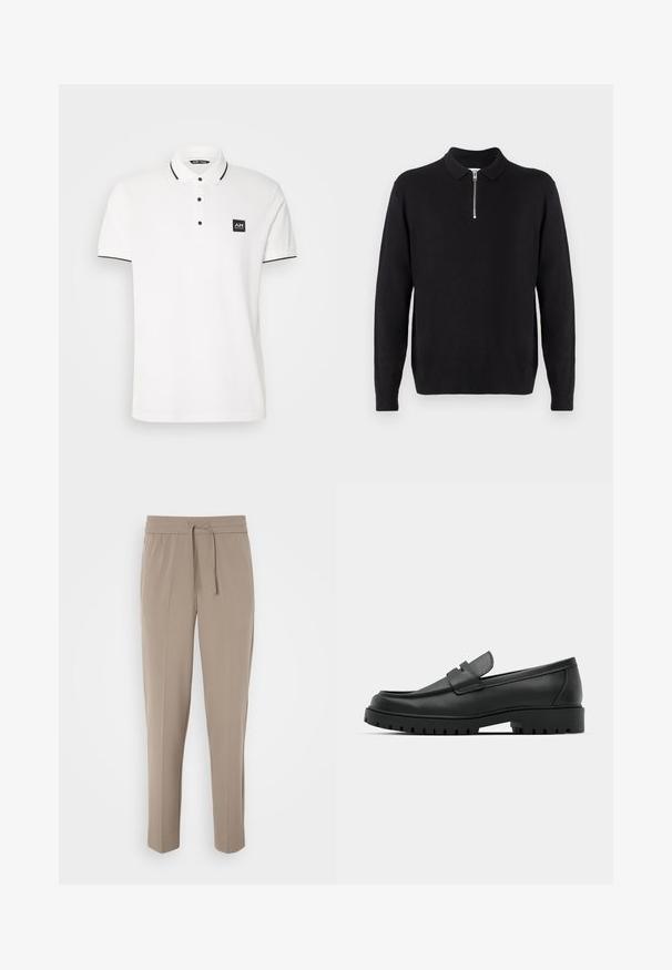 Zwarte pullover trui met een ritskraag, lange mouwen, ribgebreide manchetten en zoom, gemaakt van een zachte, gladde stof.; Witte poloshirt met korte mouwen, twee knopen en een zwart accent op de kraag. Heeft een vierkante zwarte logopatch op de borst.; Lichtbeige broeken met een elastische tailleband, verstelbare koord en taps toelopende pijpen. De stof lijkt glad met een lichte glans.; Zwarte leren instappers met een ronde neus, voorzien van een gestikt ontwerp, een lage platformzool en een gestructureerde, grof rubberen buitenzool.