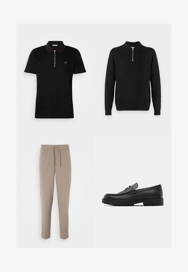 Zwarte pullover trui met een ritskraag, lange mouwen, ribgebreide manchetten en zoom, gemaakt van een zachte, gladde stof.; Zwarte polo met een korte ritssluiting, gemaakt van katoen, een klein logo op de borst en korte mouwen.; Lichtbeige broeken met een elastische tailleband, verstelbare koord en taps toelopende pijpen. De stof lijkt glad met een lichte glans.; Zwarte leren instappers met een ronde neus, voorzien van een gestikt ontwerp, een lage platformzool en een gestructureerde, grof rubberen buitenzool.