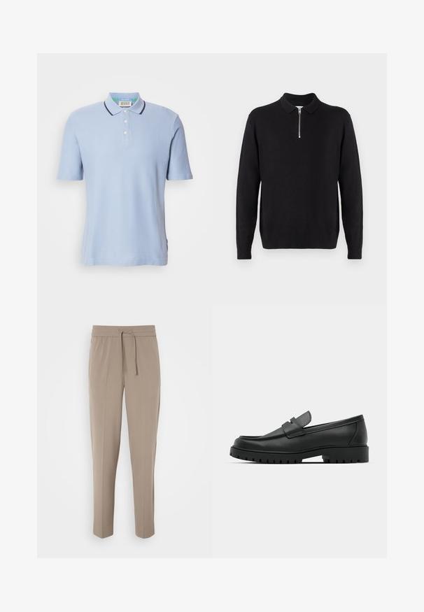 Pulover negru cu guler cu fermoar, mâneci lungi, manșete și tiv striate, realizat dintr-un material moale și neted.; Polo de culoare albastră deschis, confecționat dintr-un material ribat, cu un guler cu două butoane, mâneci scurte și margine bleumarin la guler.; Pantaloni bej deschis cu un brâu elastic, șnur ajustabil și picioare conice. Materialul pare neted, cu un ușor luciu.; Mocasini din piele neagră cu vârful rotunjit, având un design cusut, talpă joasă și o talpă din cauciuc texturat, cu crampoane.