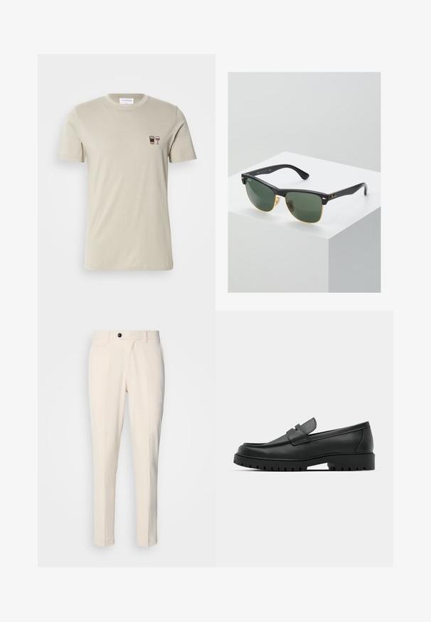 Črn pulover s kapuco in zadrgo, dolgimi rokavi, rebrastimi manšeti in robom, izdelan iz mehke, gladke tkanine.; Bež majica s kratkimi rokavi iz bombaža, ki ima vezenine skodelice kave in kozarca vina na levem prsnem delu.; Beige hlače z ravnim sprednjim delom, zapiranjem na en gumb in dvema poševnima stranskima žepoma. Gladek material s ozkim krojem in zoženim nogavico.; Črne usnjene loafers čevlje z zaobljenim nosom, ki imajo šivano zasnovo, nizko platformo in teksturiran, profiliran gumijast podplat.; Sončne naočale Ray-Ban z zelenimi lečami, črnimi plastičnimi okvirji in zlatimi poudarki na robovih. Kvadratna oblika z mat površino.