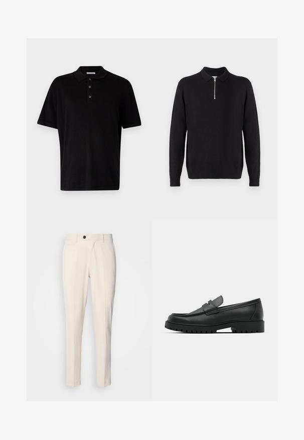 Černý svetr s límcem na zip, dlouhými rukávy, žebrovanými manžetami a lemem, vyrobený z měkké a hladké tkaniny.; Černé polo tričko z jemného materiálu, s klasickým límcem, tříknoflíkovou légou a krátkým rukávem, navržené s normálním střihem.; Béžové kalhoty na míru s plochým předním dílem, jedním knoflíkovým zapínáním a dvěma šikmými bočními kapsami. Hladká látka, úzký střih a zúžené nohy.; Černé kožené mokasíny s kulatou špičkou, zdobené prošitím, s nízkou platformou a texturovanou gumovou podrážkou s drážkováním.
