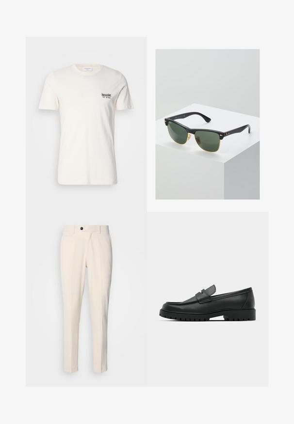 Pulover negru cu guler cu fermoar, mâneci lungi, manșete și tiv striate, realizat dintr-un material moale și neted.; Tricou din bumbac în off-white, cu guler rotund, mâneci scurte și un grafic mic în alb și verde pe partea stângă a pieptului.; Pantaloni bej ajustați cu față plată, închidere cu un singur buton și două buzunare laterale înclinate. Material neted, cu o croială slim și picior tapered.; Mocasini din piele neagră cu vârful rotunjit, având un design cusut, talpă joasă și o talpă din cauciuc texturat, cu crampoane.; Ochelari de soare Ray-Ban cu lentile verzi, rame din plastic negru și accente aurii pe margini. Formă pătrată cu un finisaj mat.