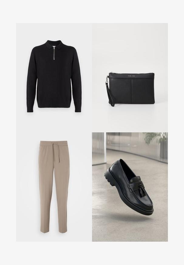 Maglione nero a pullover con colletto con zip, maniche lunghe, polsini e orlo a coste, realizzato in un tessuto morbido e liscio.; Pantaloni beige chiaro con cintura elastica, cordoncino regolabile e gamba affusolata. Il tessuto appare liscio con una lieve lucentezza.; Mocassini in pelle nera con finitura liscia, nappe decorative, suola spessa in gomma e dettagli cuciti. Design leggero ed elegante.; Clutch sintetico nero con chiusura a zip, cinturino da polso e una texture liscia. Presenta cuciture sottili e un logo impresso sul davanti.