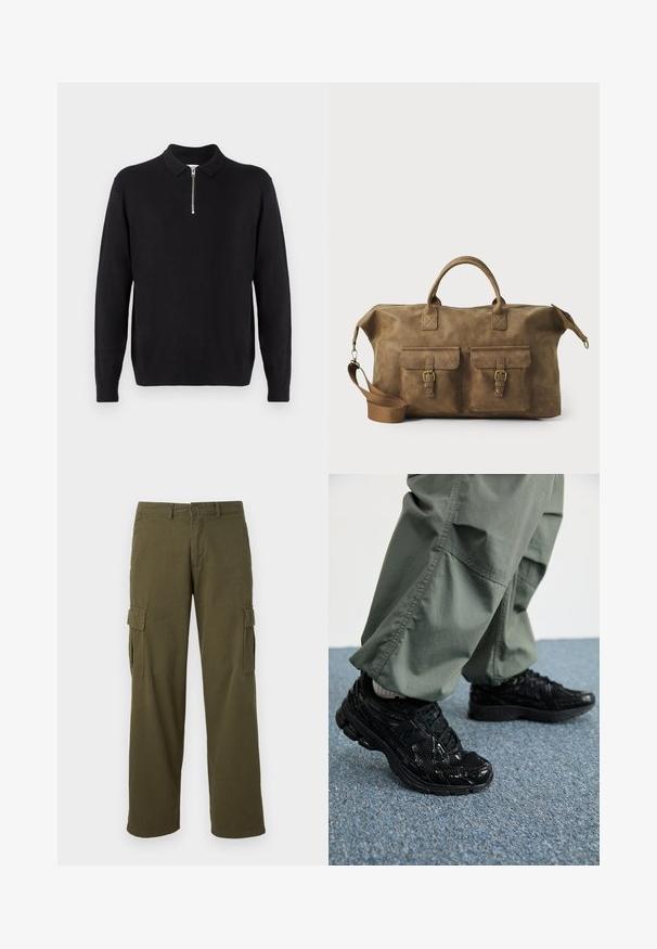 Černý svetr s límcem na zip, dlouhými rukávy, žebrovanými manžetami a lemem, vyrobený z měkké a hladké tkaniny.; Olivově zelené cargo kalhoty se středovým střihem, nabízející boční kapsy, zapínání na knoflík a odolnou texturu látky.; Černé sportovní tenisky s lesklou a síťovou texturou, s silnou podrážkou a tkaničkami, spárované s volnými olivově zelenými cargo kalhotami.; Hnědá kožená cestovní taška s dvěma předními kapsami, nastavitelným ramenním popruhem, zlatými kovovými prvky a pevnými horními uchy. Hladký povrch.