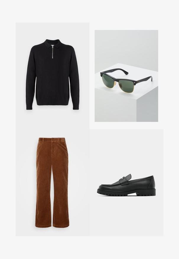 Pull noir à col zippé, à manches longues, avec des poignets et un ourlet côtelés, fabriqué dans un tissu doux et lisse.; Pantalons en velours côtelé marron avec une coupe évasée, présentant une texture rayée verticale, une fermeture à bouton et des passants de ceinture standard.; Mocassins en cuir noir à bout arrondi, avec un design cousu, une semelle plateforme basse et une semelle en caoutchouc texturée et crantée.; Lunettes de soleil Ray-Ban avec des verres verts, monture en plastique noir et accents dorés sur les bords. Forme carrée avec une finition mate.