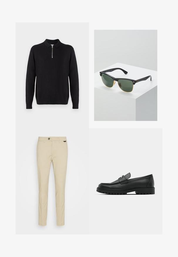 Čierny pulóver so zipsom na golieri, dlhými rukávmi, rebrovanými manžetami a lemom, vyrobený z mäkkej, hladkej tkaniny.; Antony Morato TROUSERS MARK SLIM FIT - Nohavice chinos - sand; Čierne kožené mokasíny s okrúhlou špičkou, s prešitým dizajnom, nízkou platformou a textúrovanou, zúbkovanou gumovou podrážkou.; Slnečné okuliare Ray-Ban so zelenými sklami, čiernymi plastovými rámami a zlatými akcentami na okrajoch. Štvorcový tvar s matným povrchom.