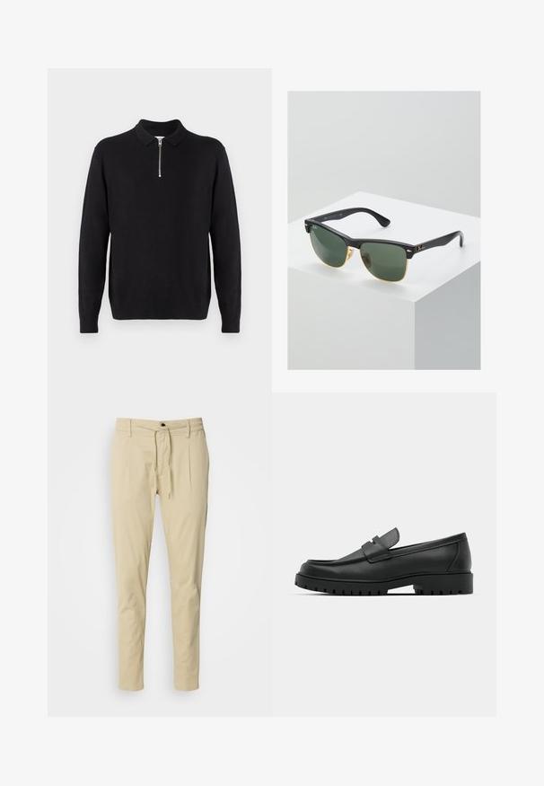 Zwarte pullover trui met een ritskraag, lange mouwen, ribgebreide manchetten en zoom, gemaakt van een zachte, gladde stof.; Beige, slim-fit broeken gemaakt van een katoenmix. Elastische tailleband met een koord, twee voorplooien en rechte pijpen.; Zwarte leren instappers met een ronde neus, voorzien van een gestikt ontwerp, een lage platformzool en een gestructureerde, grof rubberen buitenzool.; Ray-Ban zonnebrillen met groene lenzen, zwarte plastic monturen en gouden accenten aan de randen. Vierkante vorm met een matte afwerking.
