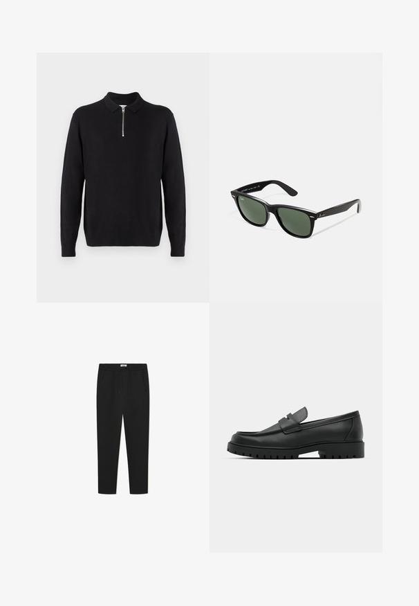 Suéter negro de punto con cuello con cremallera, mangas largas, puños y dobladillo acanalados, fabricado en una tela suave y lisa.; Pantalones de chándal negros hechos de una tela suave, con una cinturilla elástica con cordón, dos bolsillos laterales y un diseño de pierna ajustada.; Mocasines de cuero negro con punta redonda, que cuentan con un diseño cosido, suela de plataforma baja y una suela de goma texturada y con tacos.; Gafas de sol de plástico negro con lentes verdes, montura cuadrada, acento plateado en la ceja y brazos texturizados. Marca indicada en el brazo interno.