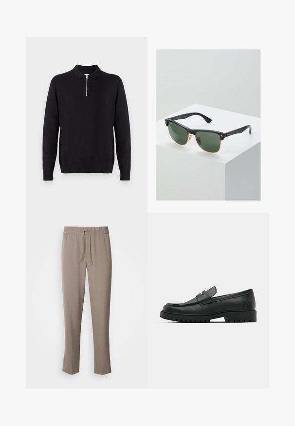 Melnā džemperis ar rāvējslēdzēja apkakli, garām piedurknēm, ribotas aproces un apakšmalu, izgatavots no mīksta, gluda auduma.; Gai brūni bikses ar elastīgu jostasvietu un auklu. Noapaļoti ikri ar gludu tekstūru un bez redzamām rakstu vai akcentu detaļām.; Melnas ādas loafers ar noapaļotu purngalu, ar izšūtu dizainu, zemu platformas zoli un teksturētu, rievotu gumijas ārējo zoli.; Ray-Ban saulesbrilles ar zaļiem stikliem, melniem plastmasas rāmiem un zelta akcentiem malās. Kvadrāta forma ar matētu apdari.