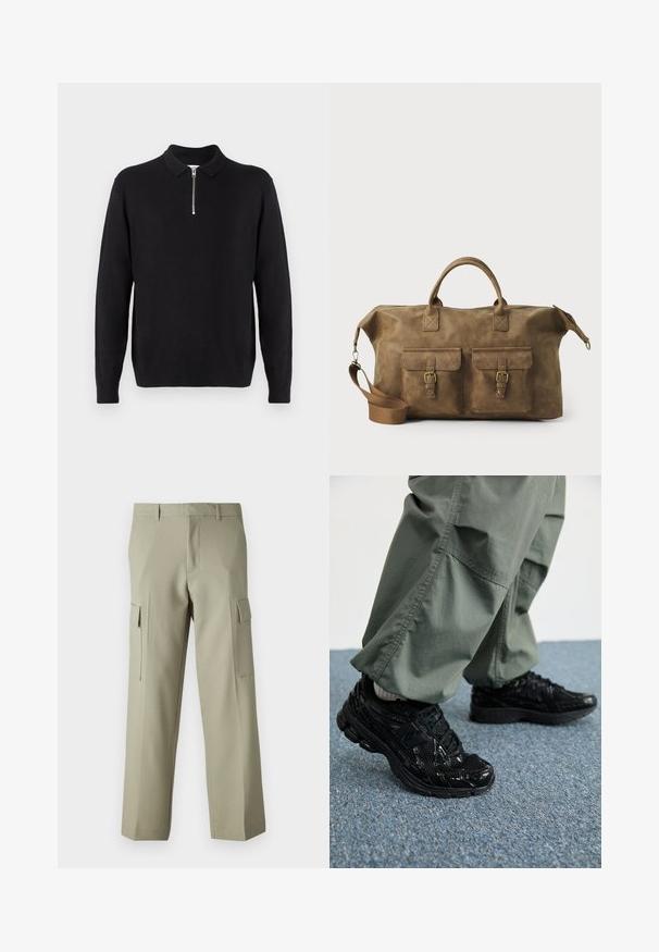 Črn pulover s kapuco in zadrgo, dolgimi rokavi, rebrastimi manšeti in robom, izdelan iz mehke, gladke tkanine.; Svetlozeleni cargo hlače s ravnim krojem, ki imajo stranske žepke in gladko teksturo tkanine. Prikazana je zadnja stran.; Črne športne superge z sijajnimi in mrežastimi teksturami, ki imajo debel podplat in vezalke, v kombinaciji z ohlapnimi olivno zelenimi cargo hlačami.; Rjav usnjen potovalni kovček z dvema sprednjima žepoma, nastavljivim ramenskim trakom, zlatim okovjem in trdnimi zgornjimi ročaji. Gladka tekstura.