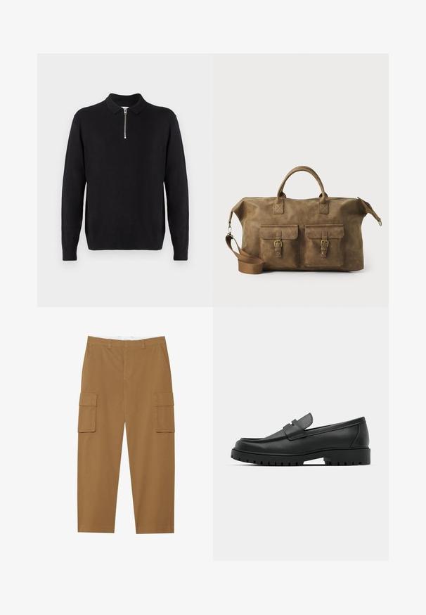 Zwarte pullover trui met een ritskraag, lange mouwen, ribgebreide manchetten en zoom, gemaakt van een zachte, gladde stof.; Bruine cargobroek met twee zijzakken, een vlakke voorkant en een rechte pijp. Gemaakt van een duurzame stof met een gladde textuur.; Zwarte leren instappers met een ronde neus, voorzien van een gestikt ontwerp, een lage platformzool en een gestructureerde, grof rubberen buitenzool.; Bruine leren weekendtas met twee voorzakken, verstelbare schouderband, gouden hardware en stevige handvatten aan de bovenkant. Strakke textuur.