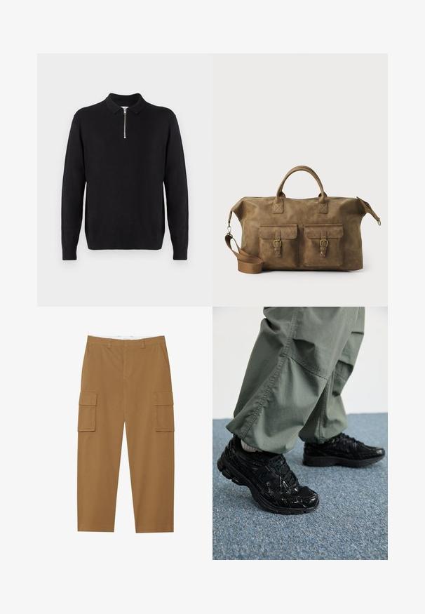 Black pullover sweater with a zippered collar, long sleeves, ribbed cuffs and hem, made of a soft, smooth fabric.; Brown cargo pants with two side pockets, a flat front, and a straight leg cut. Made from a durable fabric with a smooth texture.; Black athletic sneakers with glossy and mesh textures, featuring a thick sole and laces, paired with loose olive-green cargo pants.; Brown leather duffel bag with two front pockets, adjustable shoulder strap, gold hardware, and sturdy top handles. Smooth texture.