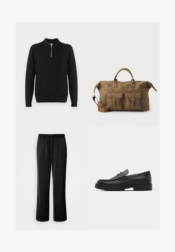Suéter negro de punto con cuello con cremallera, mangas largas, puños y dobladillo acanalados, fabricado en una tela suave y lisa.; Pantalones negros de corte holgado con cinturilla elástica y cordón ajustable. Tela suave con detalles en las costuras laterales, sin bolsillos.; Mocasines de cuero negro con punta redonda, que cuentan con un diseño cosido, suela de plataforma baja y una suela de goma texturada y con tacos.; Bolso de cuero marrón tipo duffel con dos bolsillos frontales, correa para el hombro ajustable, herrajes dorados y asas superiores resistentes. Textura suave.
