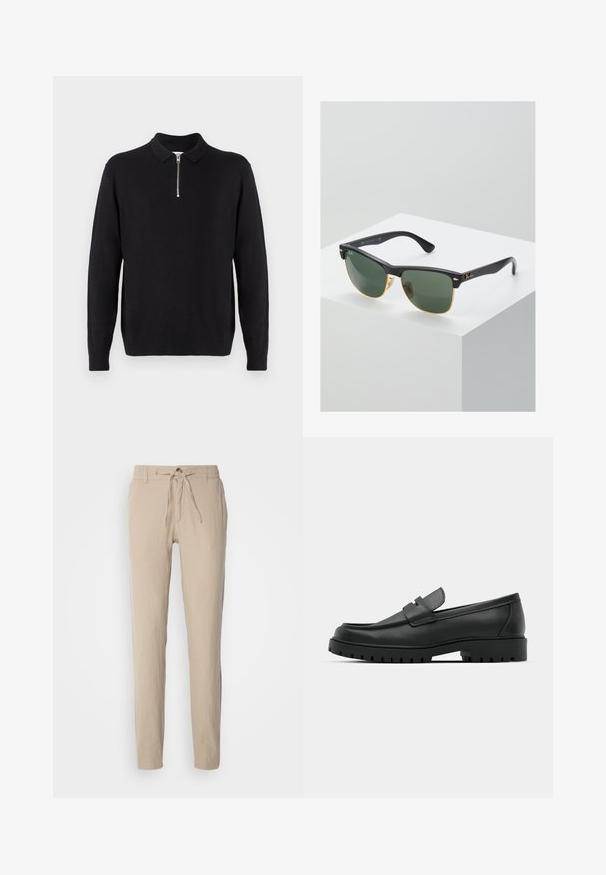 Svart pullover med dragkedja i kragen, långa ärmar, ribbade mudd och fåll, tillverkad av ett mjukt och slätt tyg.; Beiga linnebyxor med rak skärning, elastisk midja med dragsko och två sidofickor. Slät textur och minimalistisk design.; Svarta lädersneakers med rund tå, med en sydd design, låg plattformssula och en texturerad, mönstrad gummisula.; Ray-Ban-solglasögon med gröna linser, svarta plastbågar och gyllene detaljer vid kanterna. Fyrkantig form med en matt yta.