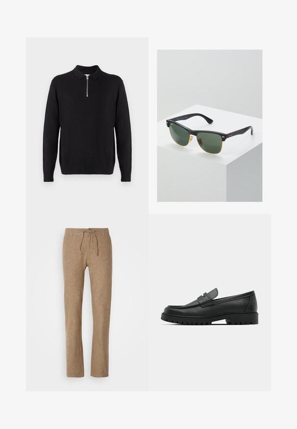 Juodas megztinis su užtrauktuku ant apykaklės, ilgomis rankovėmis, guminiu apkaustu ir apačia, pagamintas iš švelnios, lygios medžiagos.; Šviesiai rudos lino kelnės, su raišteliu juosmenyje, tiesiomis kojomis ir tekstūruotu audiniu. Be kišenių ar papildomų detalizacijų.; Juodi odiniai loaferiai su apvalia nosimi, su siuvinėtu dizainu, žemu platformos padu ir tekstūruotu, sukibimo raštu padu.; Ray-Ban saulės akinių žaliais objektyvais, juodais plastikiniais rėmeliais ir auksinėmis detalėmis ant kraštų. Kvadratinė forma su matinio paviršiaus apdaila.