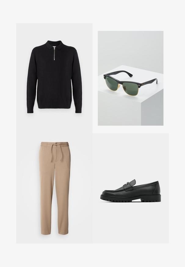 Black pullover sweater with a zippered collar, long sleeves, ribbed cuffs and hem, made of a soft, smooth fabric.; Beige sweatpants made of soft cotton, featuring an elastic waistband, drawstring, slim fit, and straight legs with no patterns.; Black leather loafers with a rounded toe, featuring a stitched design, low platform sole, and a textured, lugged rubber outsole.; Ray-Ban sunglasses with green lenses, black plastic frames, and gold accents at the edges. Square shape with a matte finish.