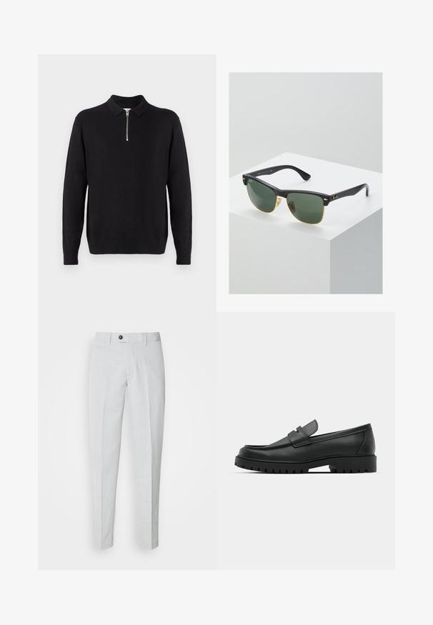 Black pullover sweater with a zippered collar, long sleeves, ribbed cuffs and hem, made of a soft, smooth fabric.; Light gray trousers made of textured fabric, featuring a button closure, flat front, and tapered legs for a streamlined fit.; Black leather loafers with a rounded toe, featuring a stitched design, low platform sole, and a textured, lugged rubber outsole.; Ray-Ban sunglasses with green lenses, black plastic frames, and gold accents at the edges. Square shape with a matte finish.