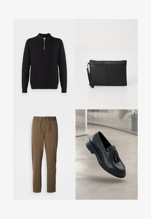 Crni pulover s patentnim zatvaračem na ovratniku, dugim rukavima, rebrastim rubovima i hemom, izrađen od mekog, glatkog materijala.; Smeđi, suženi trenirke s elastičnim strukom i vezicom. Mekana, glatka tekstura, s bočnim džepovima i jednostavnim dizajnom.; Crne kožne mokasinke s glatkim završetkom, ukrasnom resom, debelim gumenim đonom i ušivenim detaljima. Lagan i elegantan dizajn.; Crna sintetička torbica s patentnim zatvaračem, narukvicom i glatkom teksturom. Ima suptilno šivanje i urezani logotip na prednjem dijelu.