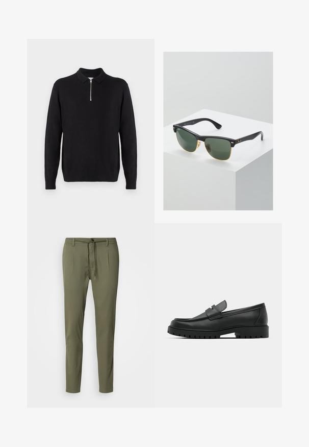 Melnā džemperis ar rāvējslēdzēja apkakli, garām piedurknēm, ribotas aproces un apakšmalu, izgatavots no mīksta, gluda auduma.; Olīvzaļa bikses no viegla auduma, ar stiepjamu jostu, divām frontālām krokām un sašaurinātu piegriezumu. Gluda tekstūra.; Melnas ādas loafers ar noapaļotu purngalu, ar izšūtu dizainu, zemu platformas zoli un teksturētu, rievotu gumijas ārējo zoli.; Ray-Ban saulesbrilles ar zaļiem stikliem, melniem plastmasas rāmiem un zelta akcentiem malās. Kvadrāta forma ar matētu apdari.