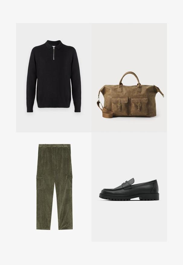 Černý svetr s límcem na zip, dlouhými rukávy, žebrovanými manžetami a lemem, vyrobený z měkké a hladké tkaniny.; Khaaki zelené kordové cargo kalhoty s vertikálním žebrováním, obsahující dvě boční kapsy a elastický pás pro pohodlí.; Černé kožené mokasíny s kulatou špičkou, zdobené prošitím, s nízkou platformou a texturovanou gumovou podrážkou s drážkováním.; Hnědá kožená cestovní taška s dvěma předními kapsami, nastavitelným ramenním popruhem, zlatými kovovými prvky a pevnými horními uchy. Hladký povrch.